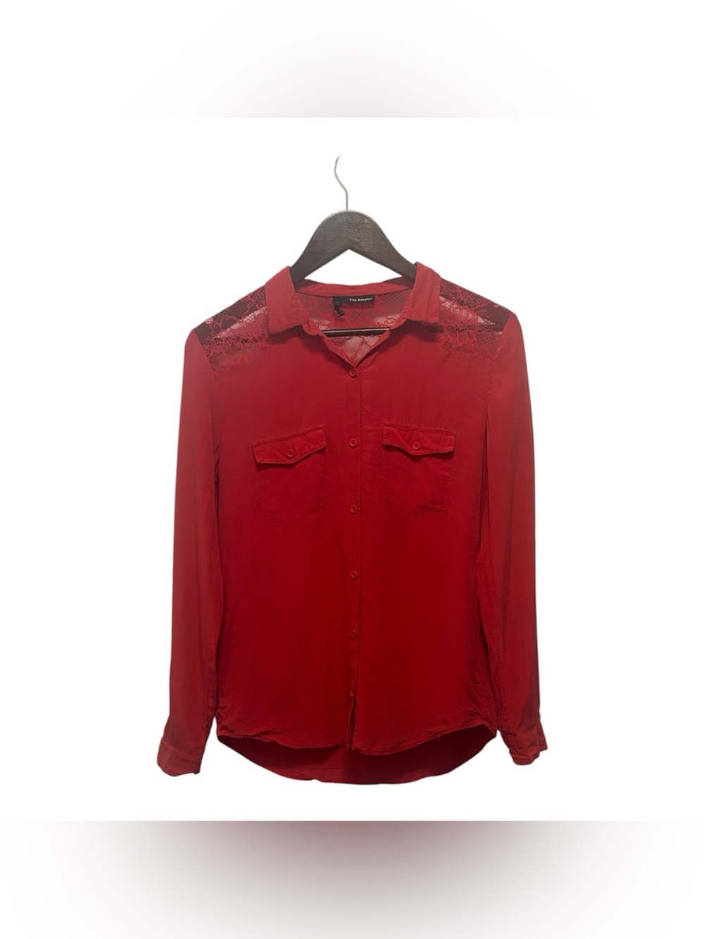 The Kooples Silk Crimson Lace-Shoulder Button-Down Shirt coquette Edgy Chic